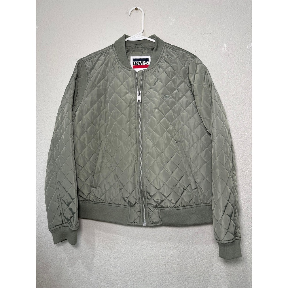 Levis Womens Large Quilted Bomber Jacket Sage Green Full Zip Lightweight Coat